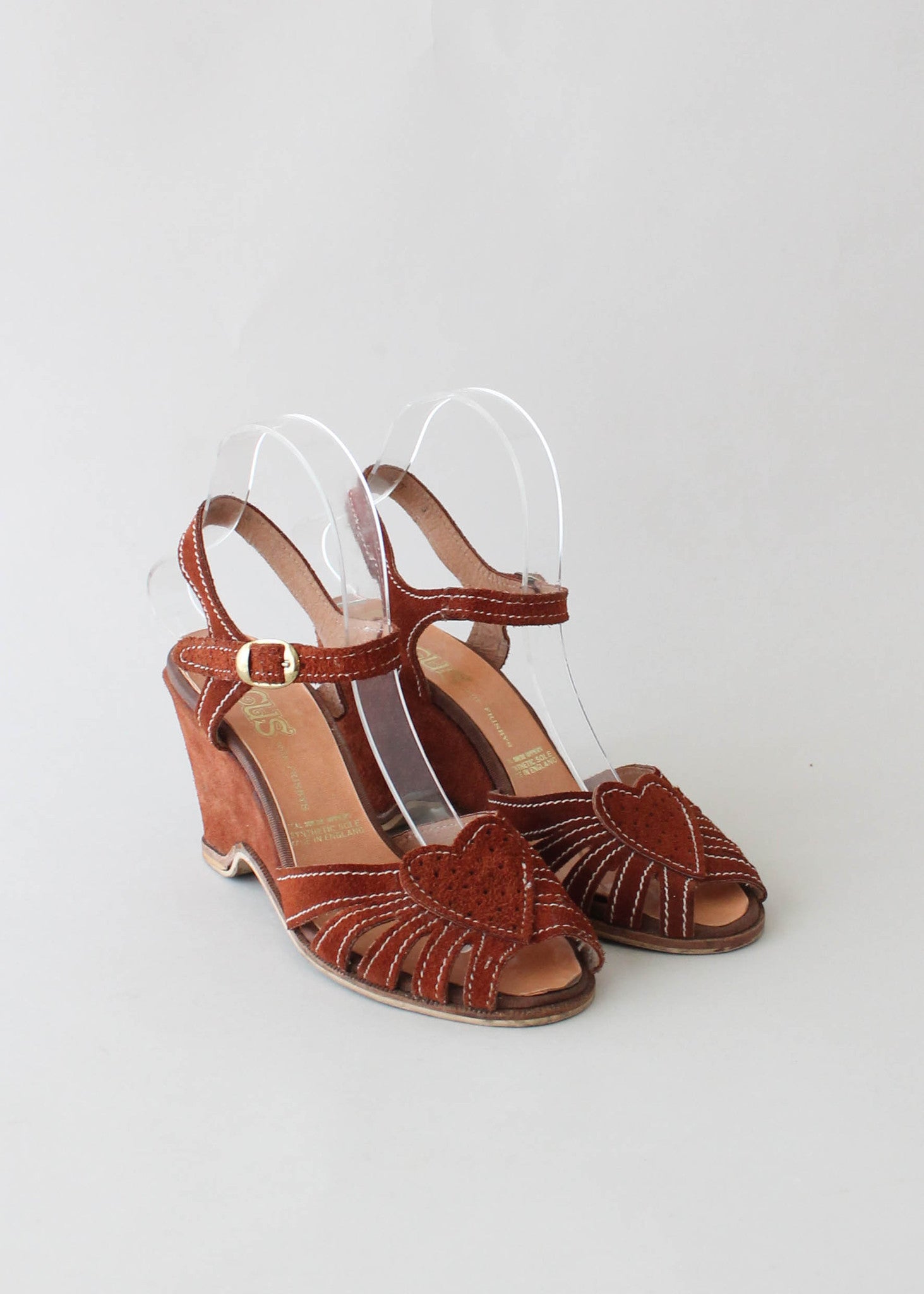 Vintage 1970s Suede Heart Wedge Sandals