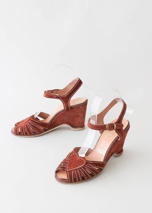 Vintage 1970s Suede Heart Wedge Sandals