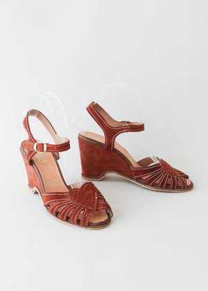 Vintage 1970s Suede Heart Wedge Sandals