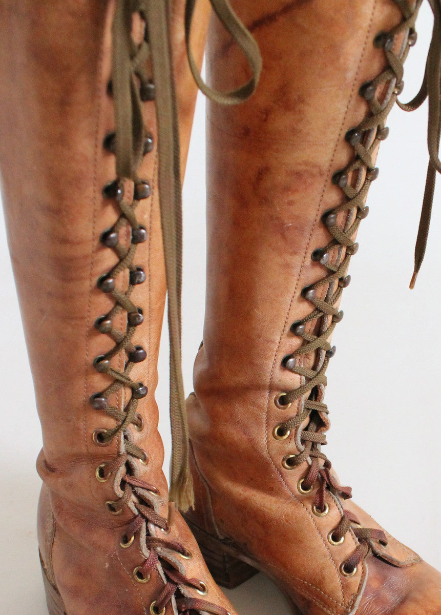 Vintage 1960s Tan Leather Lace Up Work Boots - Raleigh Vintage