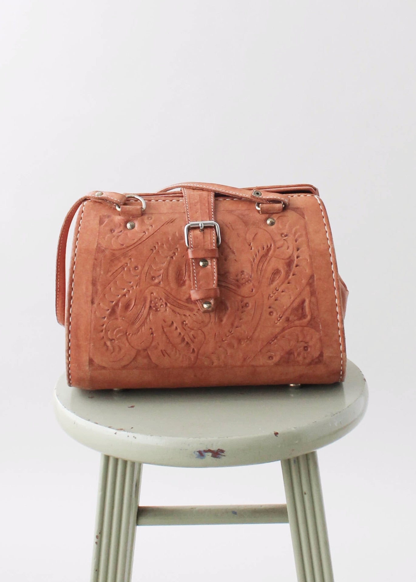 Vintage 1980s Tooled Leather Doctors Bag Purse
