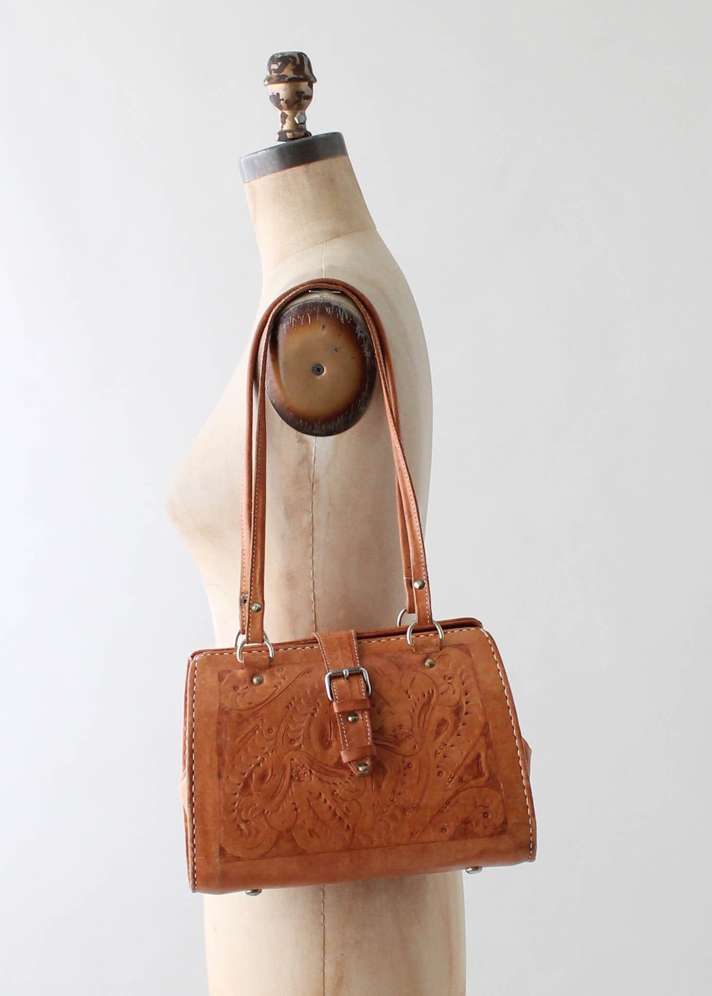 Vintage 1980s Tooled Leather Doctors Bag Purse