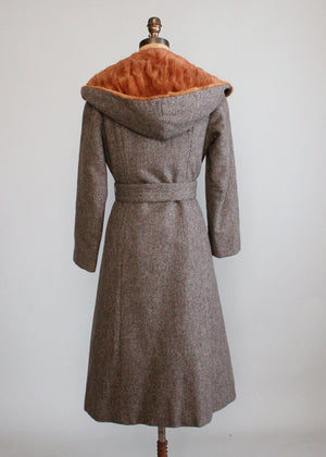 Vintage 1970s Tweed Hooded Trench Coat with Fur Lining