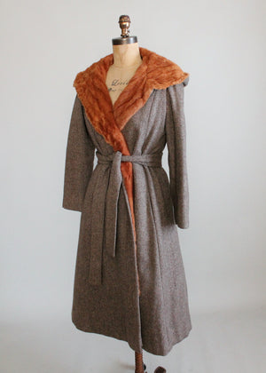 Vintage 1970s Tweed Hooded Trench Coat with Fur Lining