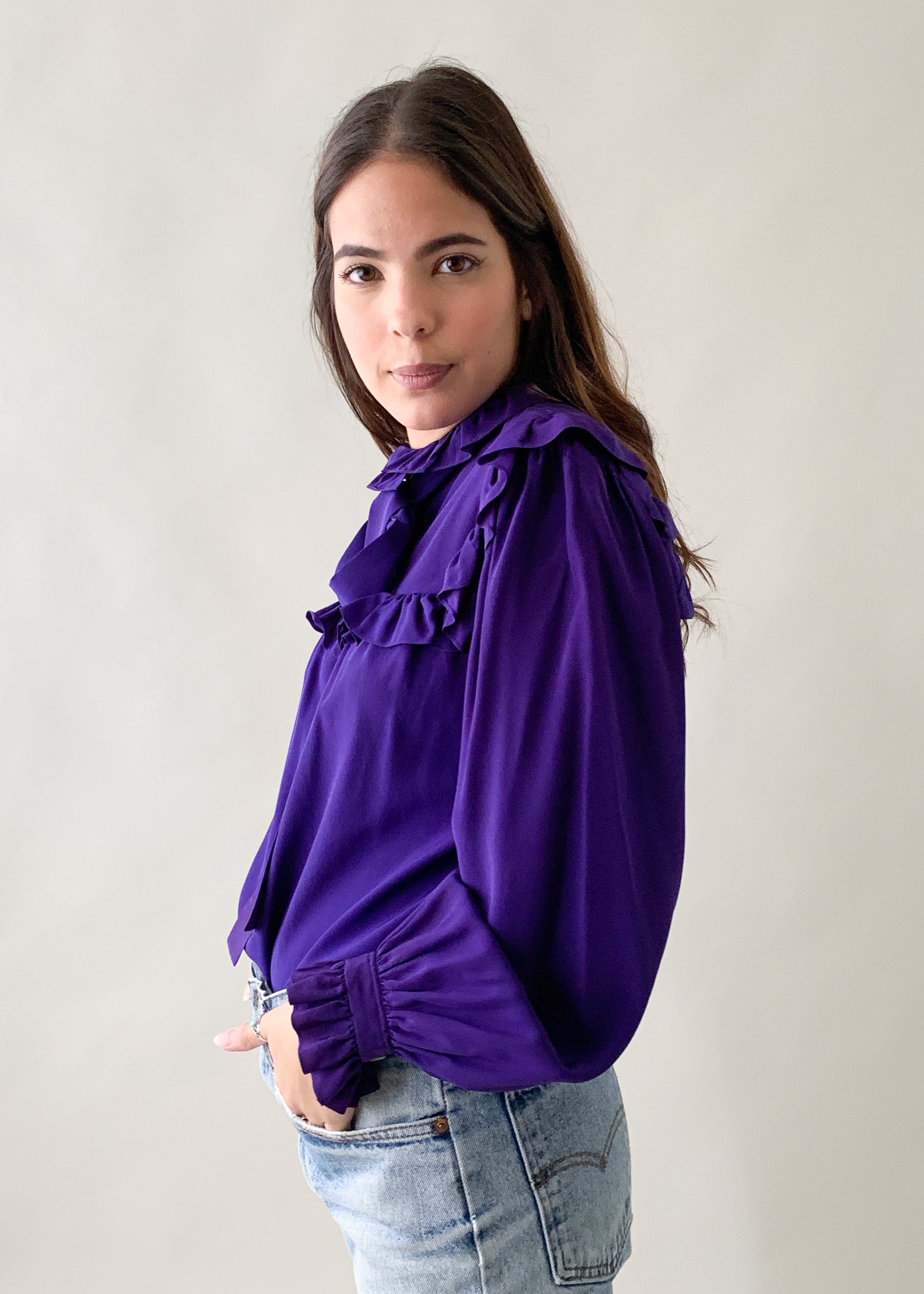 Vintage 1970s YSL Purple Silk Ruffle Blouse