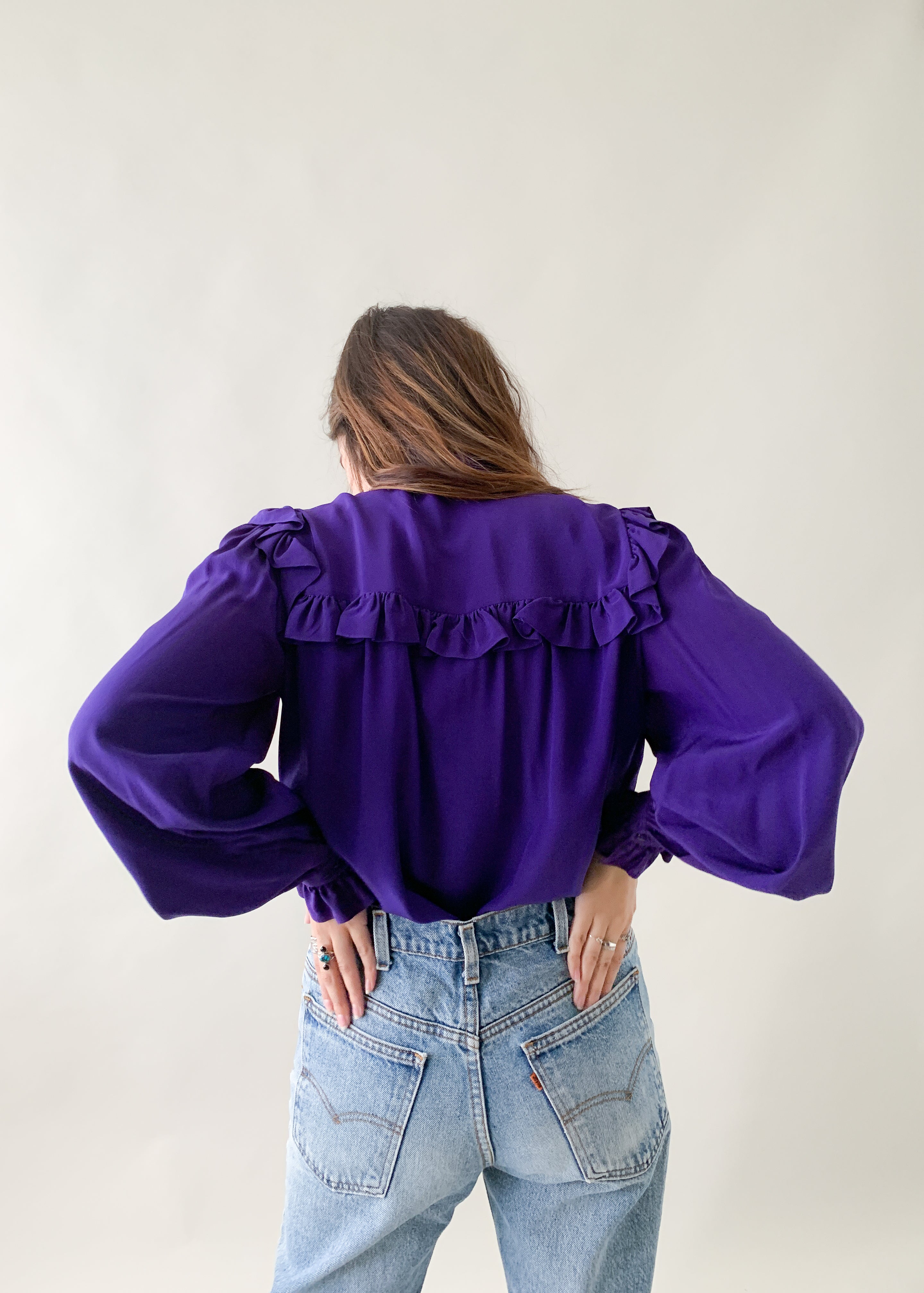 Vintage 1970s YSL Purple Silk Ruffle Blouse