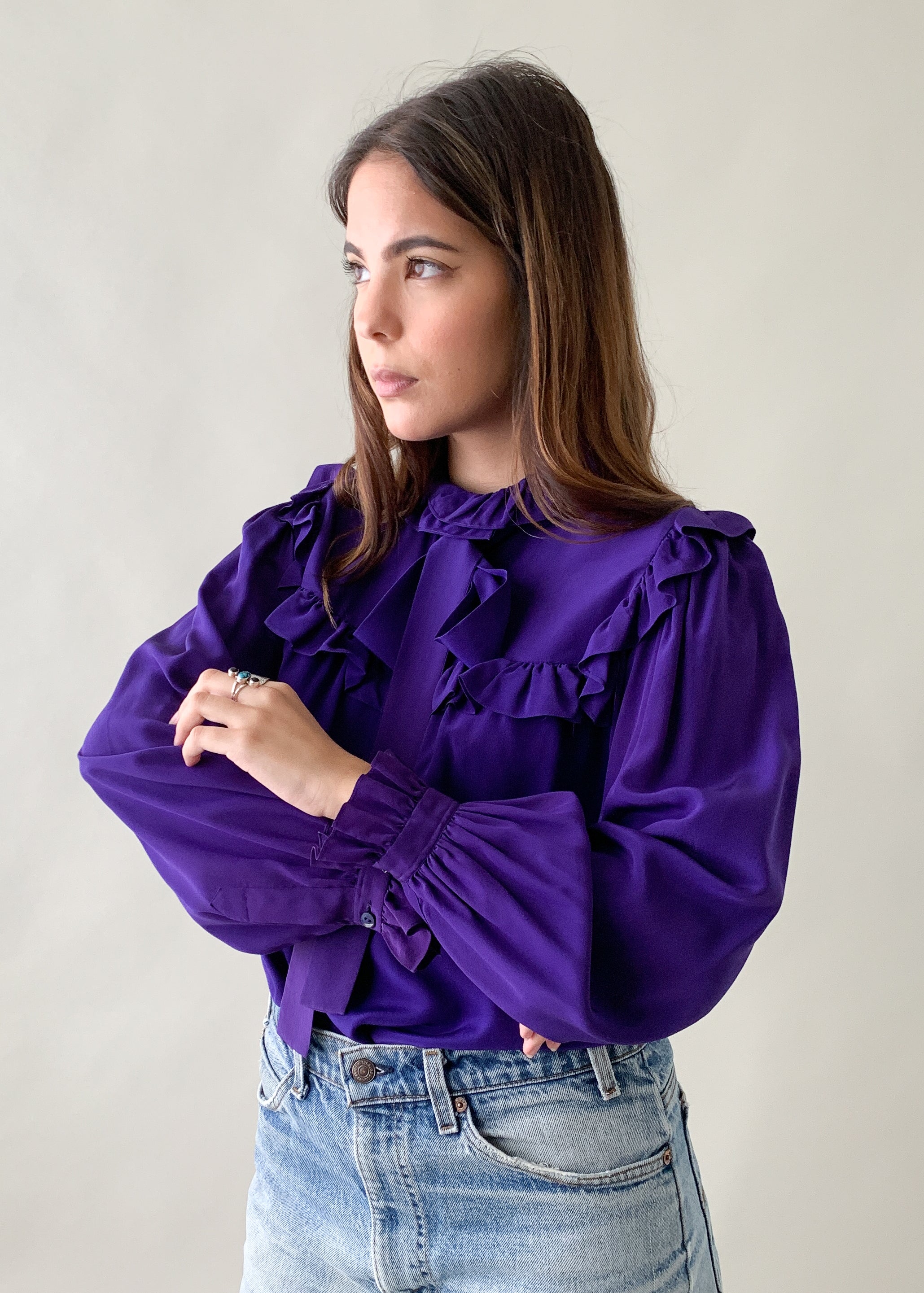 Vintage 1970s YSL Purple Silk Ruffle Blouse