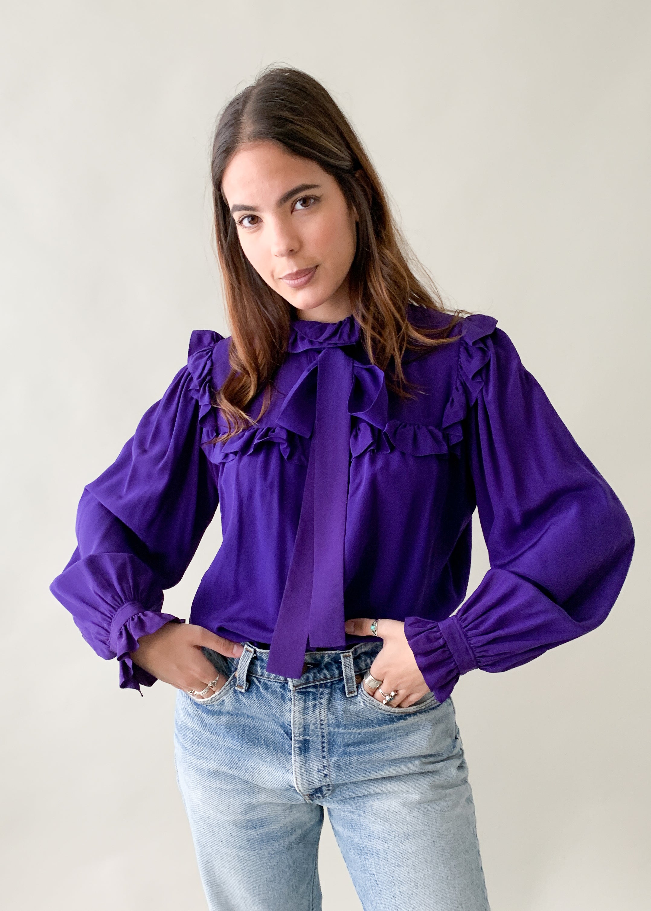 Vintage 1970s YSL Purple Silk Ruffle Blouse