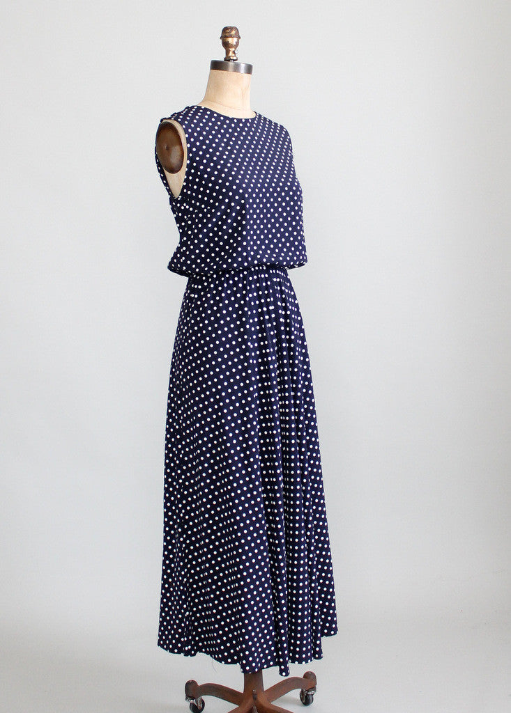 Vintage 1980s Navy and White Polka Dot Day Dress