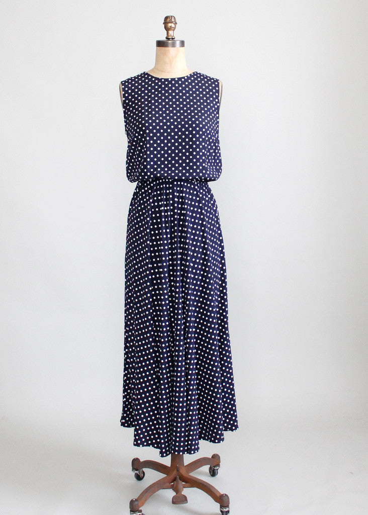 Vintage 1980s Navy and White Polka Dot Day Dress
