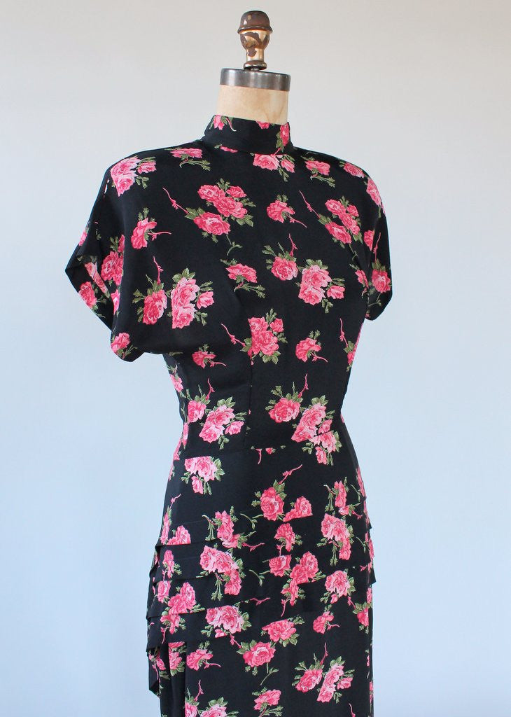 Vintage 1940s Style Rose Print Peplum Dress
