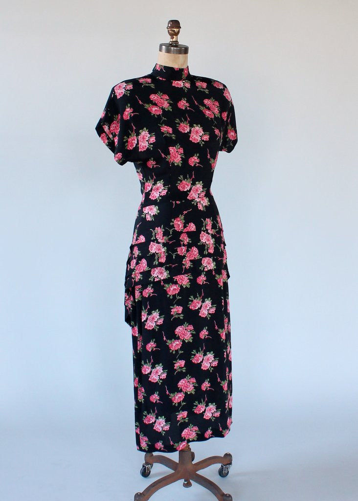 Vintage 1940s Style Rose Print Peplum Dress