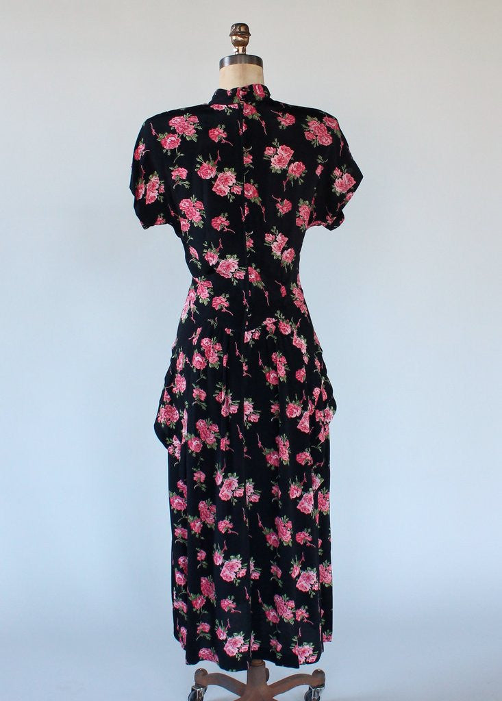 Vintage 1940s Style Rose Print Peplum Dress