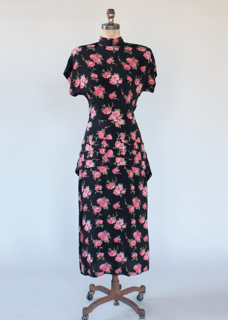 Vintage 1940s Style Rose Print Peplum Dress