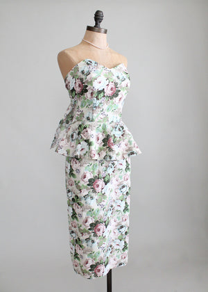 Vintage 1980s Floral Peplum Pin Up Style Dress