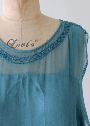 Vintage 1920s Cornflower Blue Tambour Beaded Silk Dress