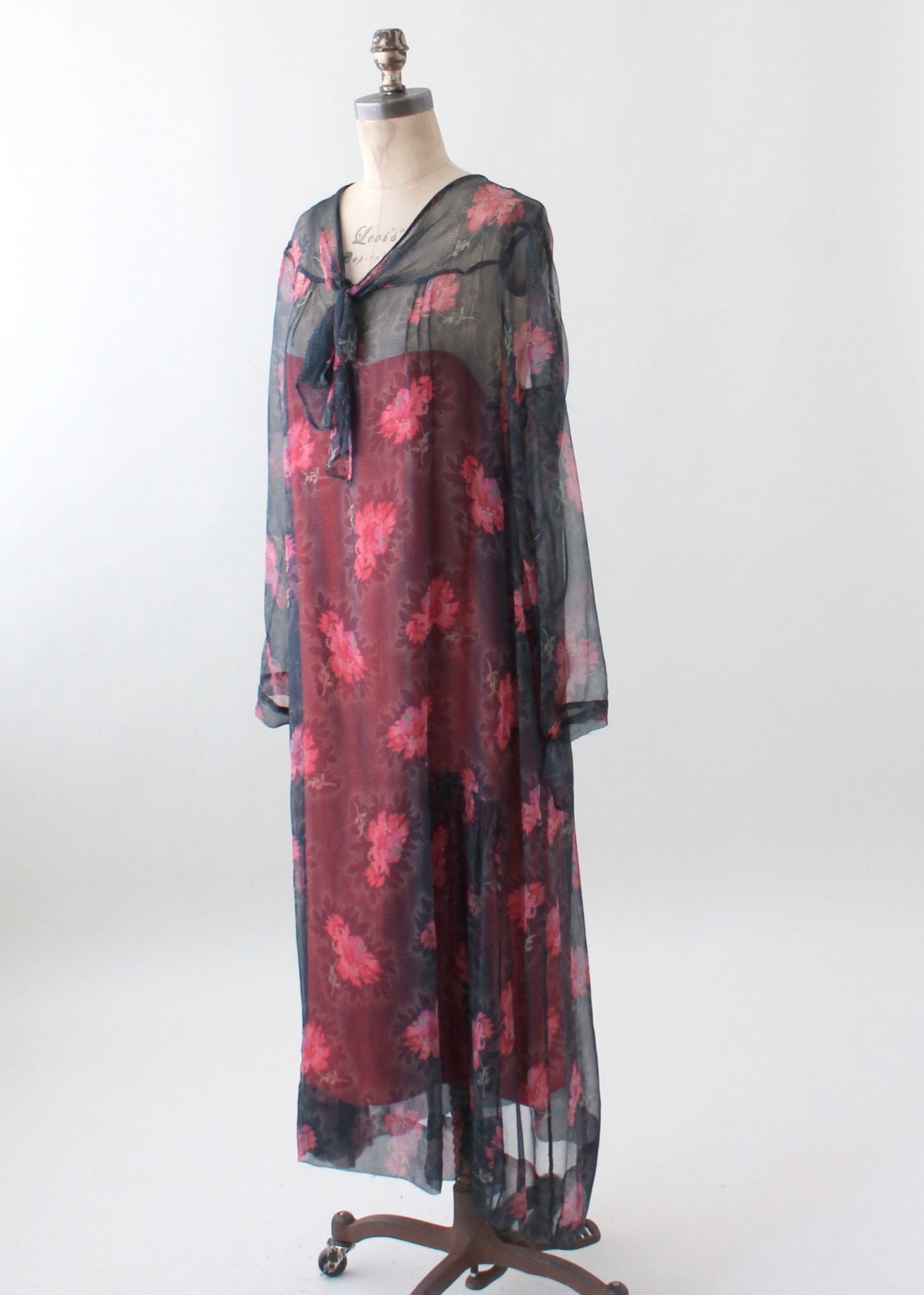 Vintage 1920s Navy and Pink Floral Silk Chiffon Dress