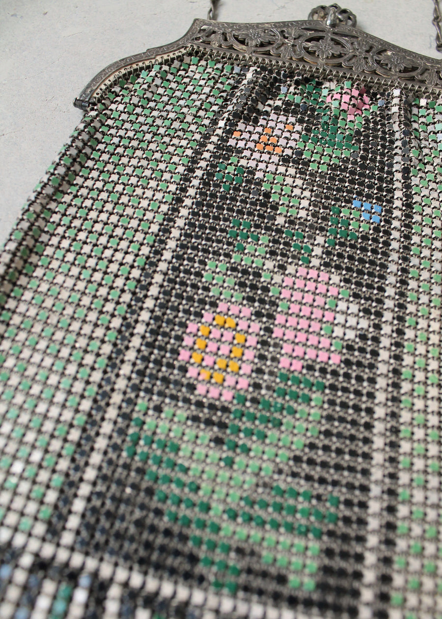 Vintage 1920s Floral Painted Mesh Purse