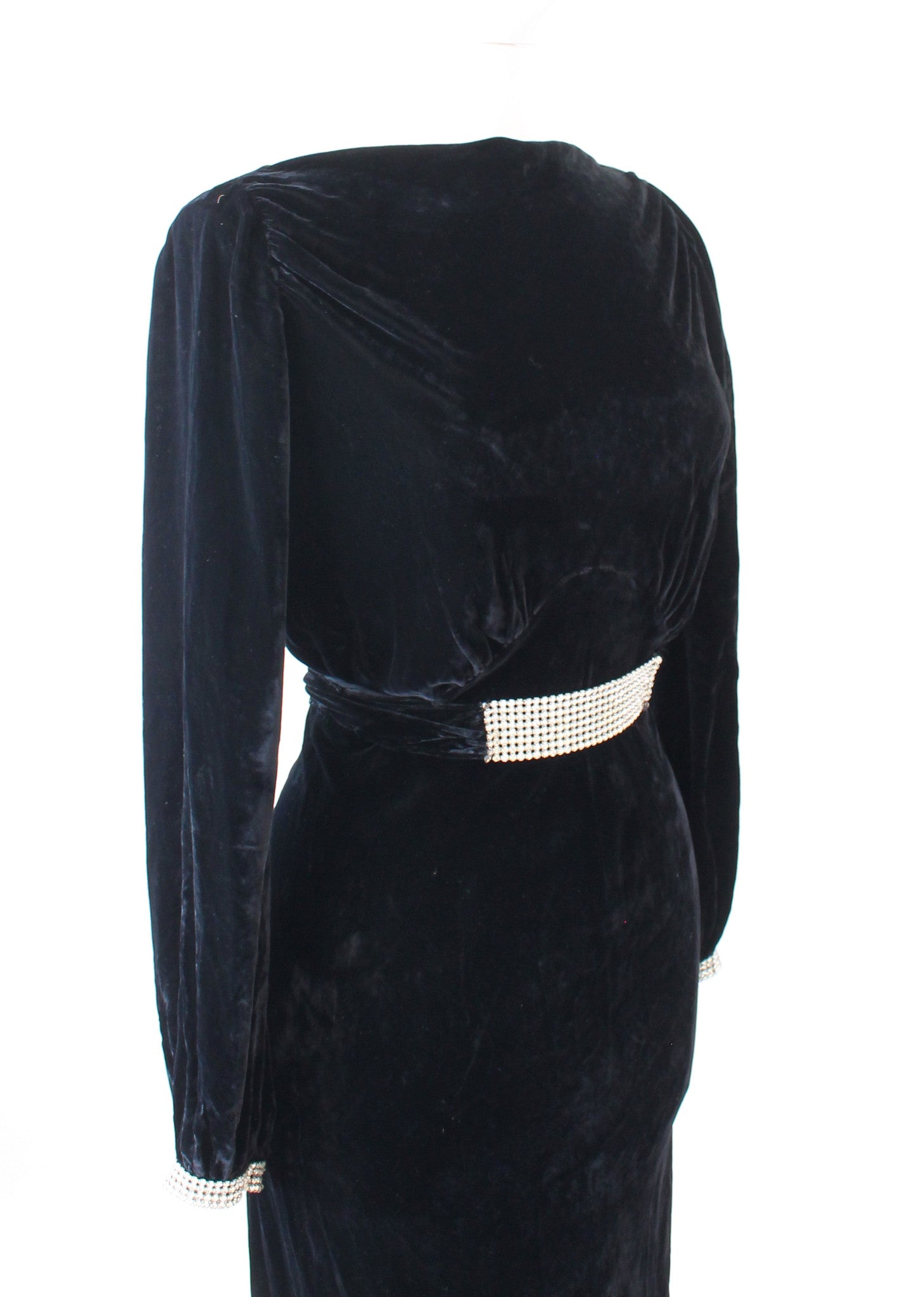 Vintage 1930s Art Deco Black Velvet and Rhinestone Evening Dress