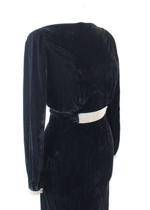 Vintage 1930s Art Deco Black Velvet and Rhinestone Evening Dress