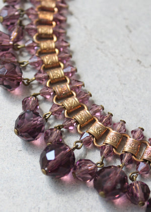 Vintage 1930s Purple Glass and Brass Statement Necklace