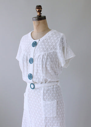 Vintage 1930s White and Blue Knit Dress