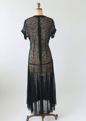 Vintage 1940s Plunging Neckline Black Lace Dress