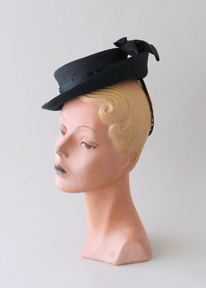 Vintage 1940s Black Straw Tilt Riding Hat