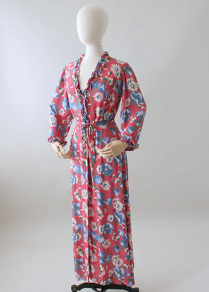 Vintage 1940s Pink Floral Rayon Dressing Gown or Maxi Dress