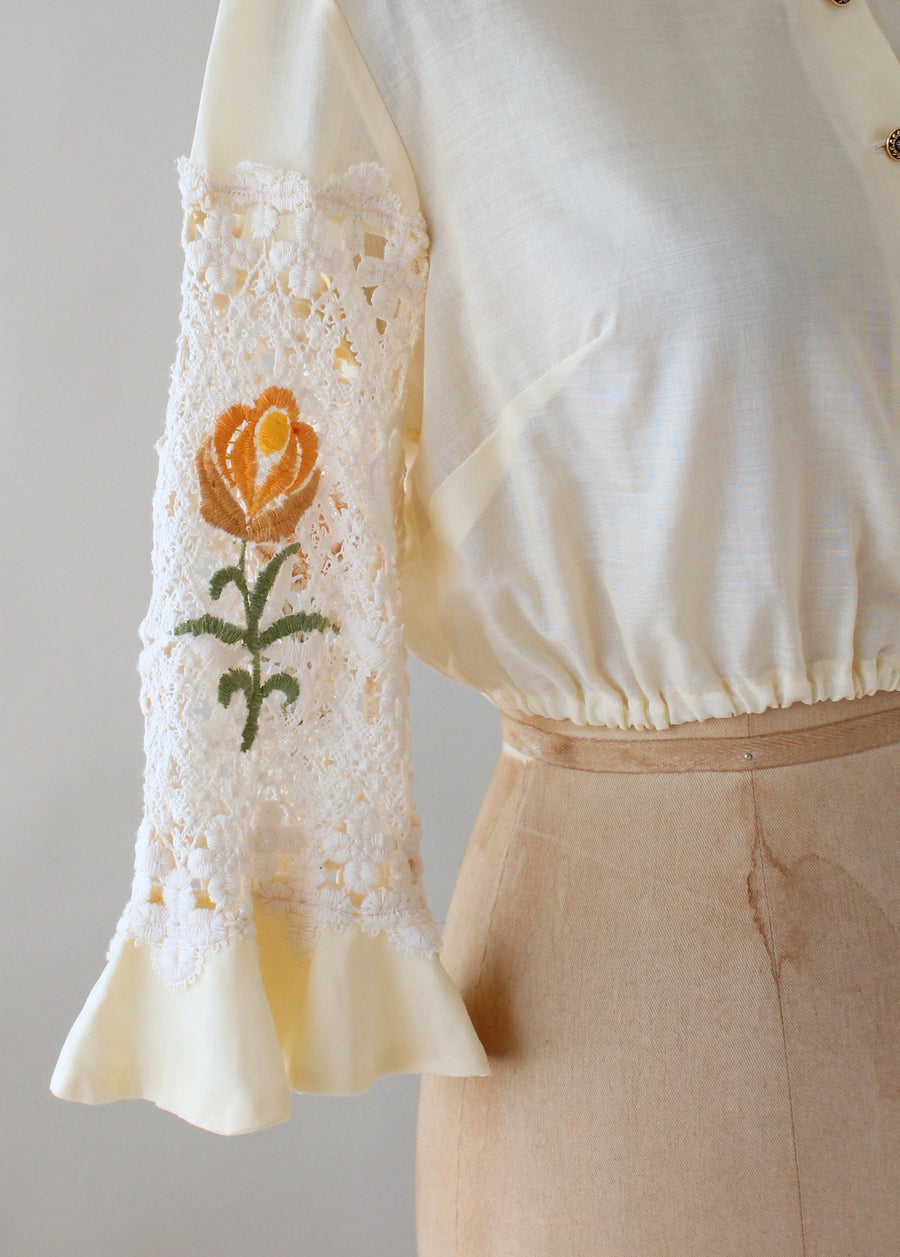 Vintage 1960s Cropped Blouse with Lace Sleeves