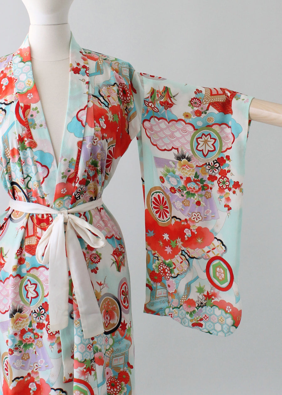 Vintage 1960s Colorful Crepe Kimono Robe