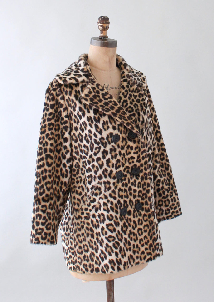 Vintage 1960s Leopard Print Faux Fur Car Coat