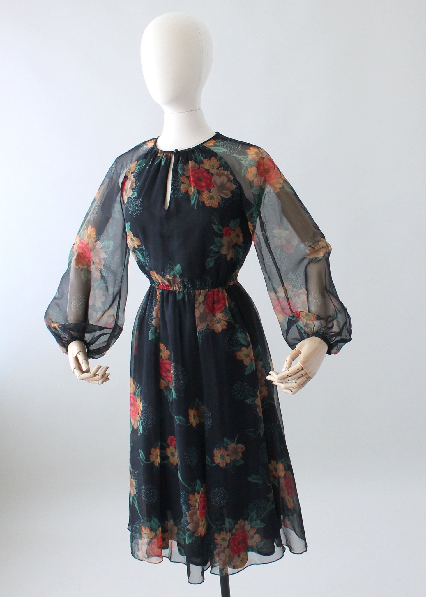 Vintage 1970s Floral Navy Chiffon Day Dress