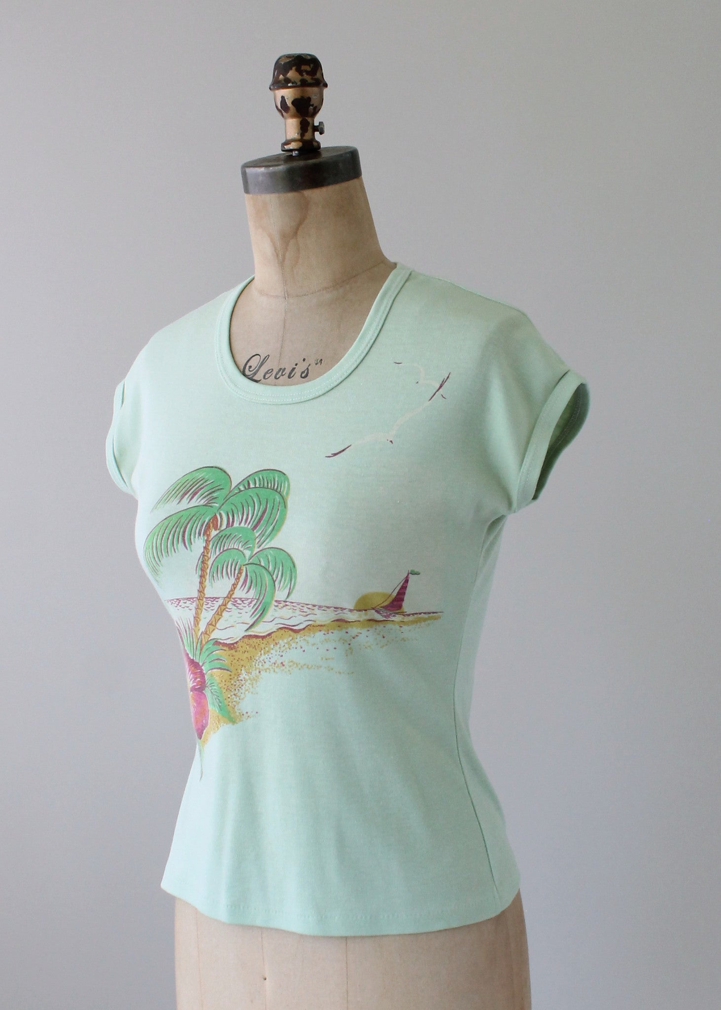 Vintage 1970s Mint Green Tropical Babydoll Shirt