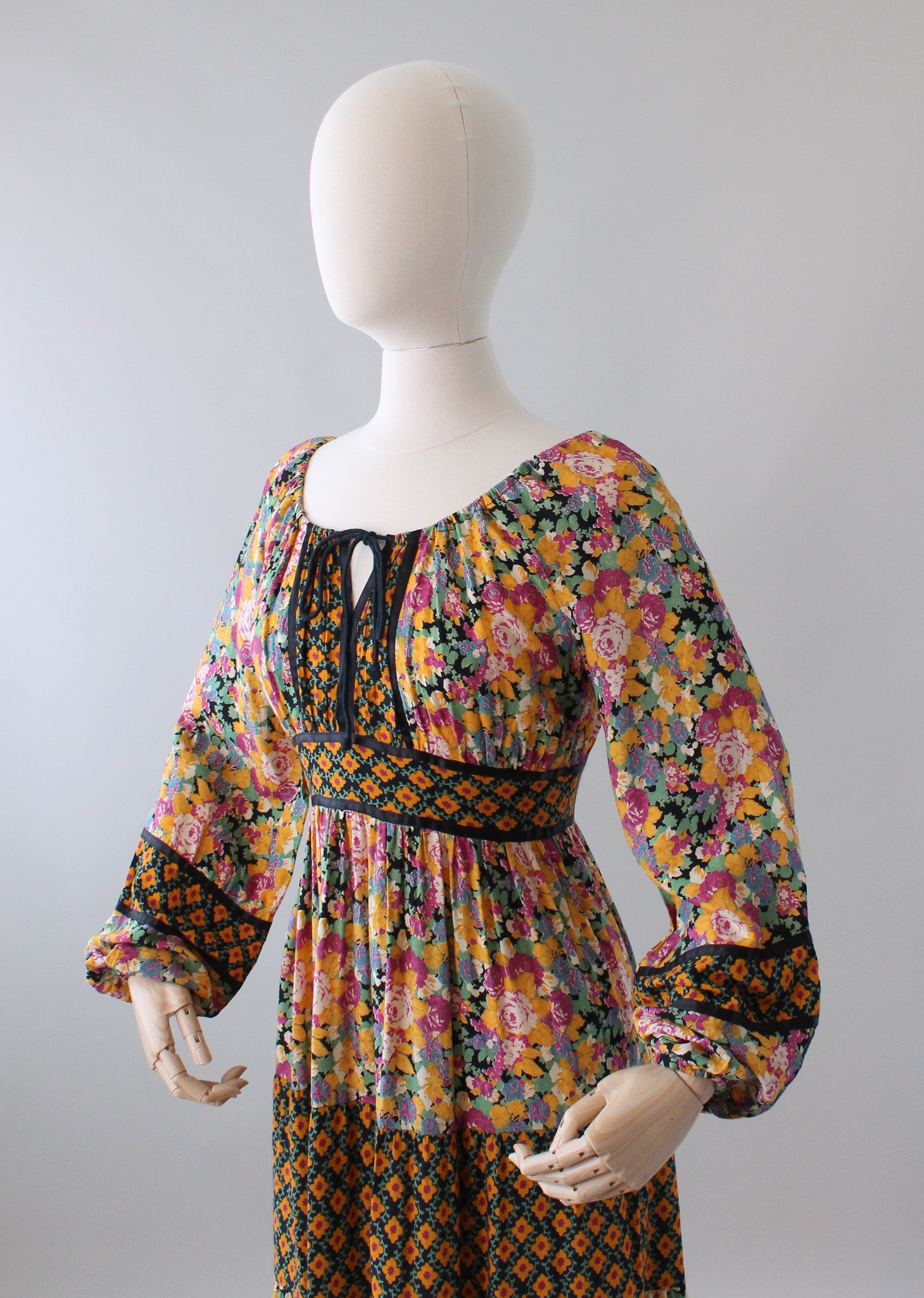 Vintage 1970s Mixed Florals Peasant Dress