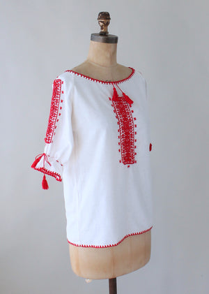 Vintage 1970s Red and White Embroidered Cotton Peasant Shirt