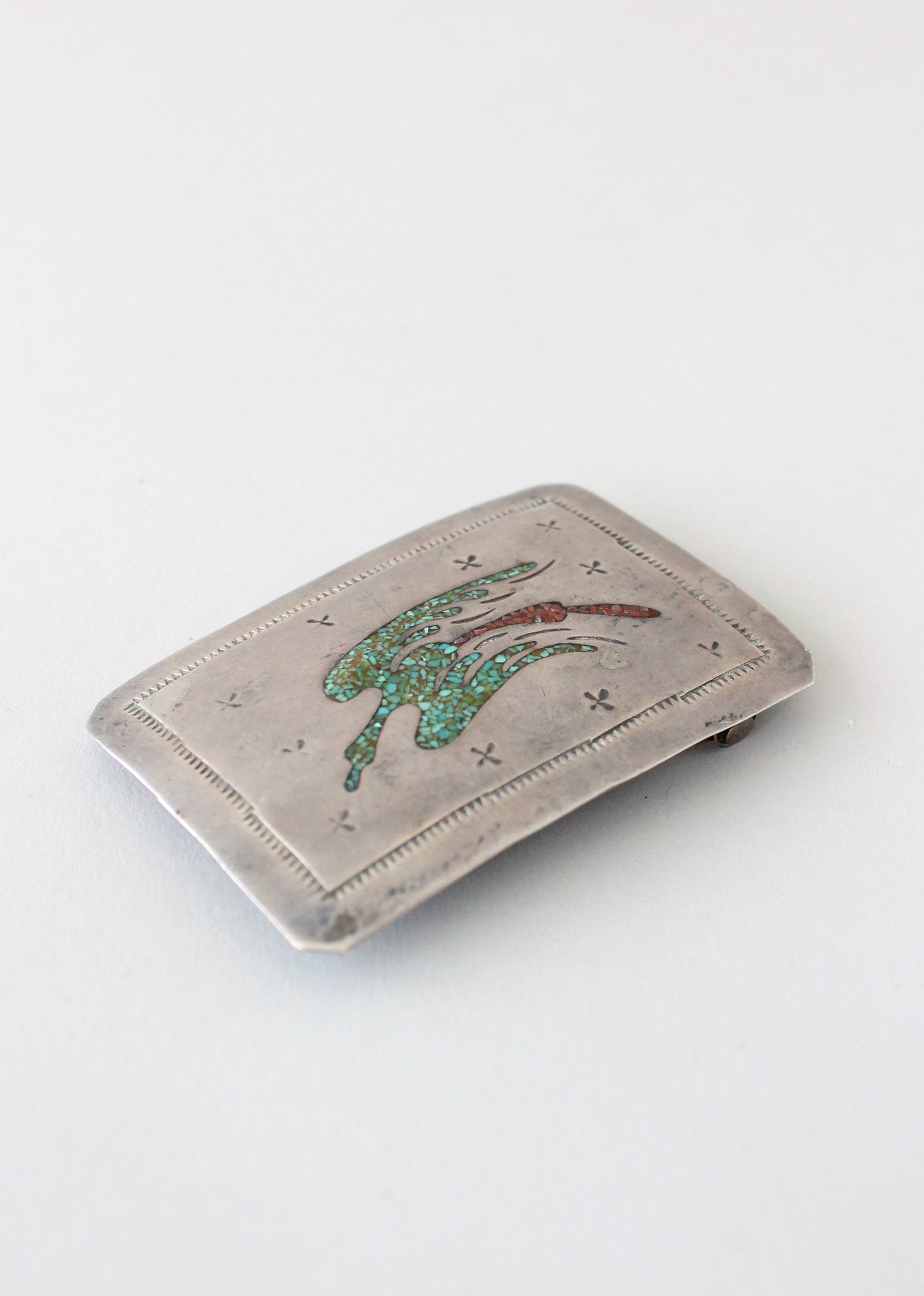 Vintage 1970s Silver Belt Buckle and Turquoise Inlay