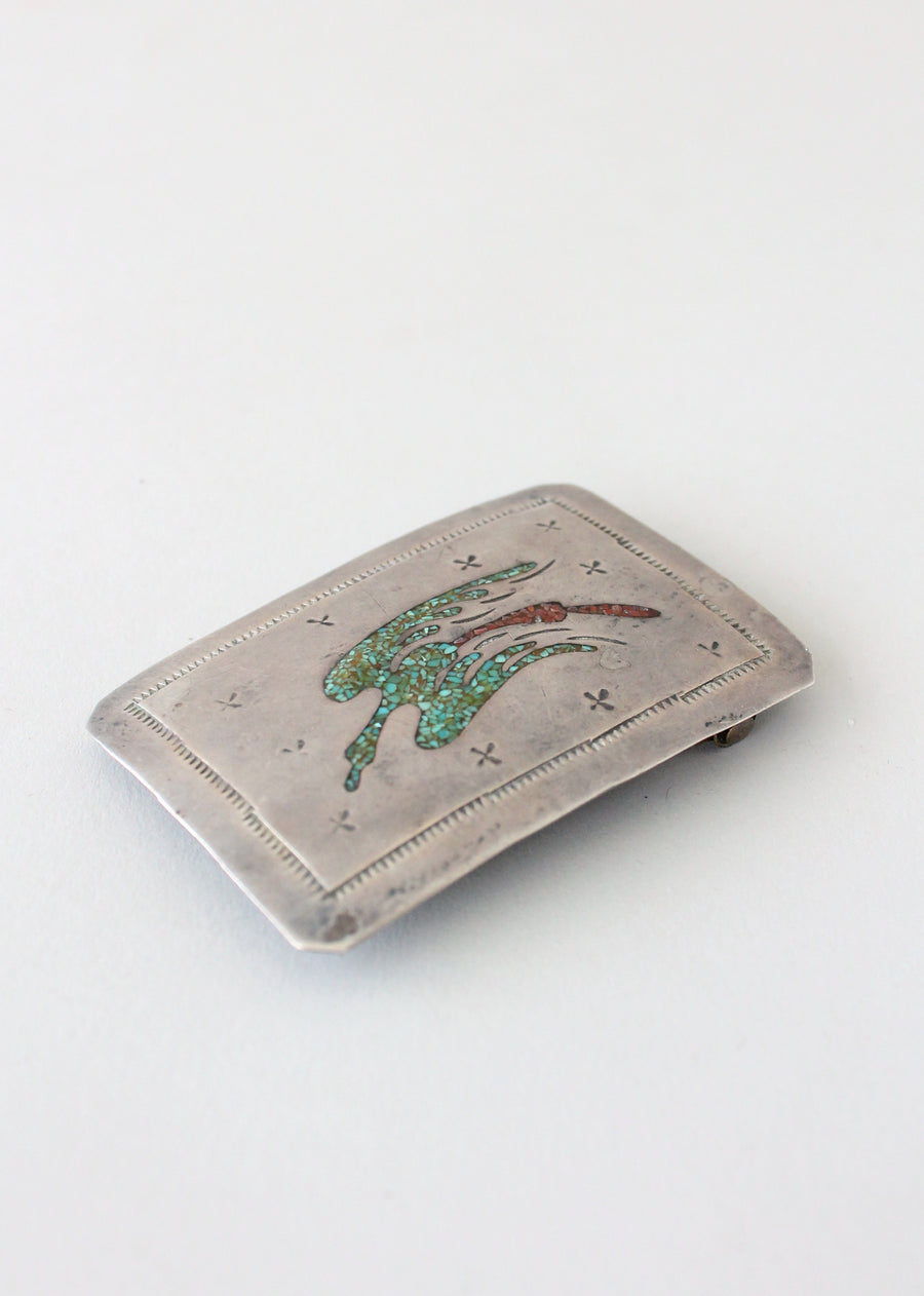 Vintage 1970s Silver Belt Buckle and Turquoise Inlay