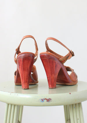 Vintage 1970s Hint of Color Wood and Leather Sandals