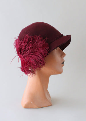 Vintage 1920s Cranberry Felt Plumed Cloche Hat