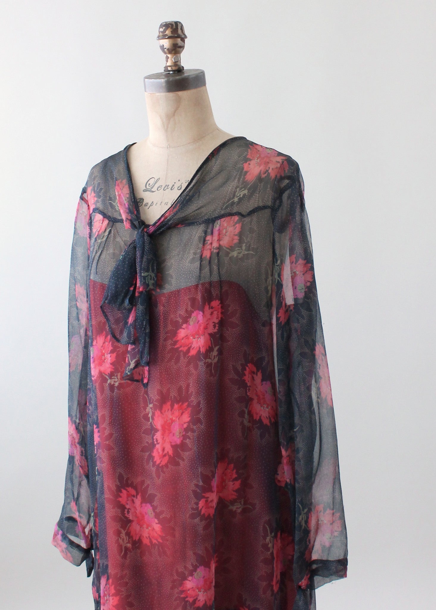 Vintage 1920s Navy and Pink Floral Silk Chiffon Dress