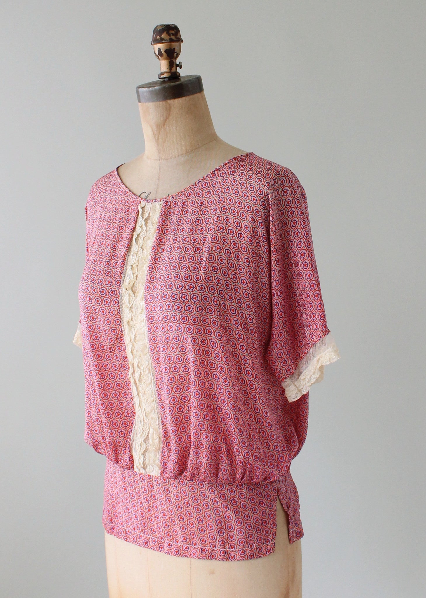 Vintage 1920s Pink Print Silk and Lace Blouse