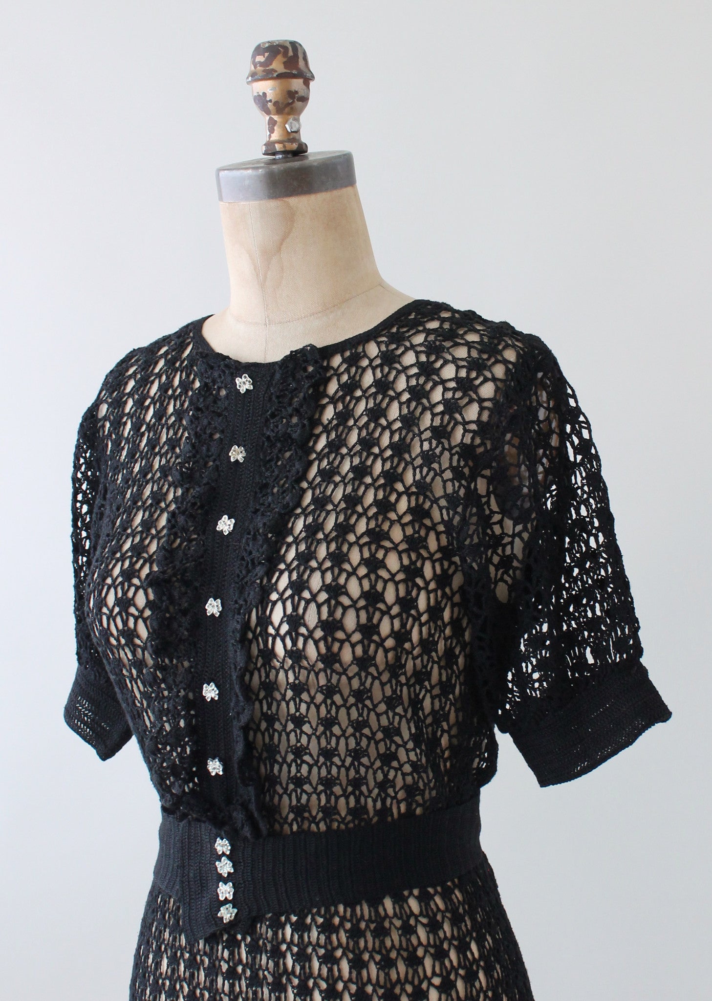 Vintage 1930s Black Knit Ruffle Front Dress