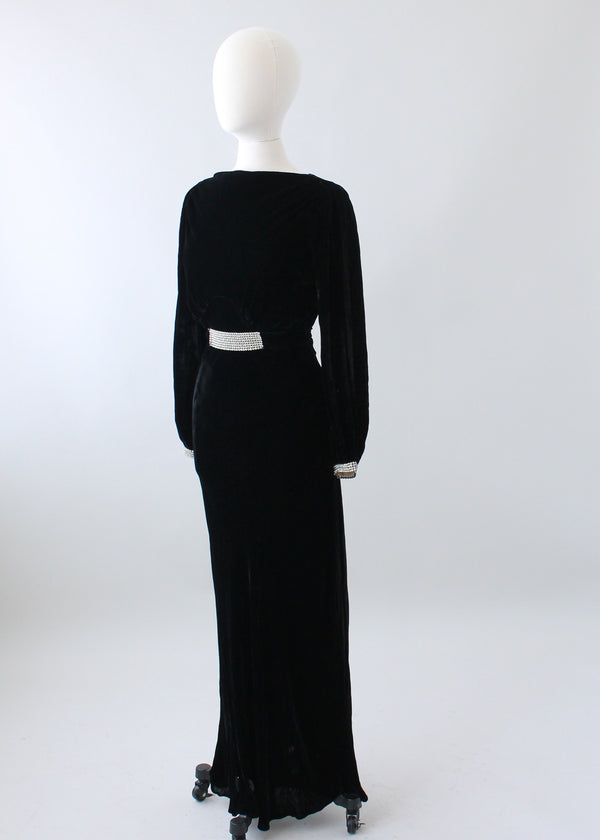 Vintage 1930s Art Deco Black Velvet and Rhinestone Evening Dress ...