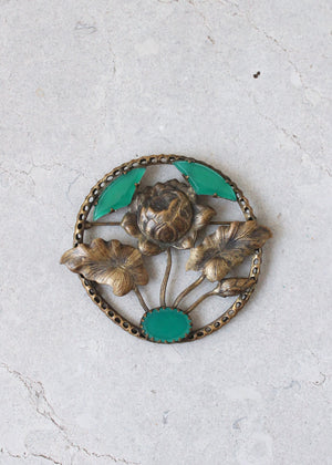 Vintage 1930s Brass and Green Glass Flower Brooch