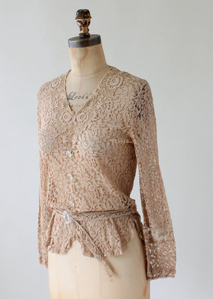 Vintage 1930s Nude Lace Blouse with Glass Buttons