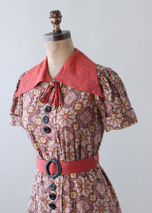Vintage Mid 1930s Floral Cotton Day Dress with Peplum