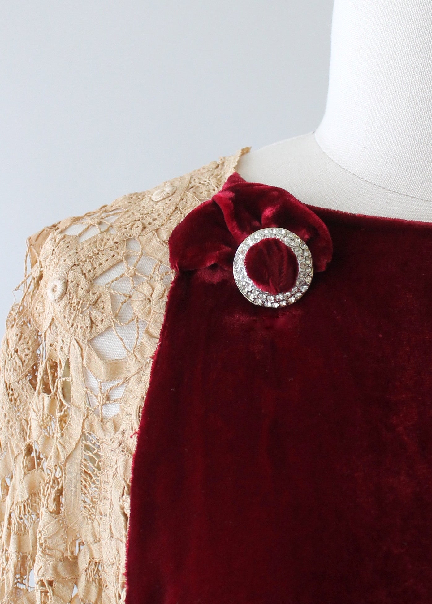 Vintage 1930s Red Velvet and Lace Evening Dress
