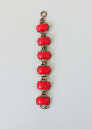 Vintage 1930s Art Deco Red Glass and Brass Bracelet