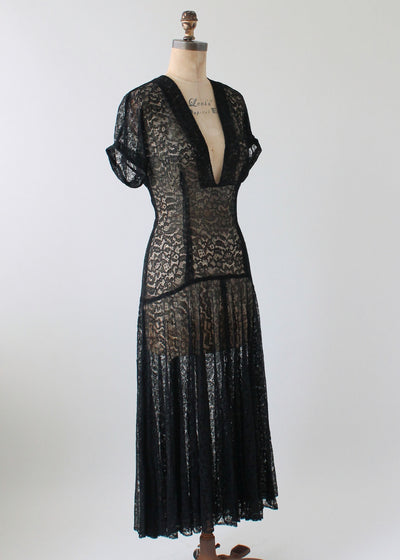 Vintage 1940s Plunging Neckline Black Lace Dress - Raleigh Vintage